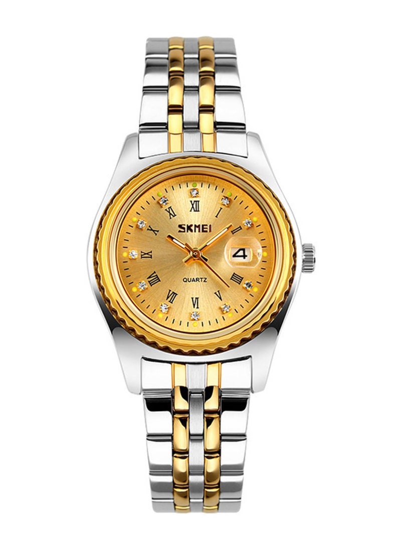 Women’s  Stainless Steel Strap Analog Quartz Casual Gold Dial Watch - 9098 - Image 1