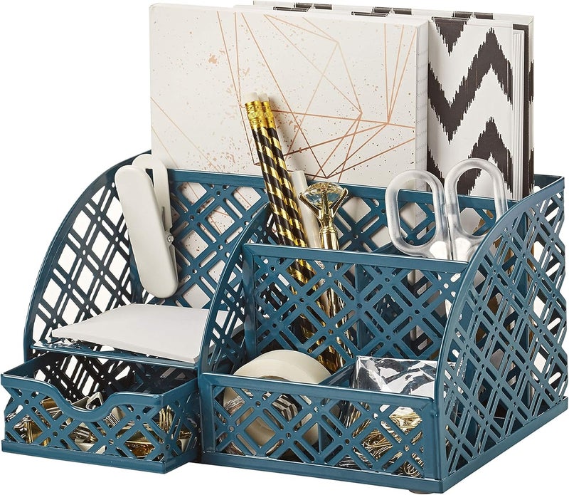 Exerz Desk Organiser/Mesh Desk Tidy Caddy/Pencil Holder Multifunctional with 7 Compartments(Aegean Blue) - Image 1