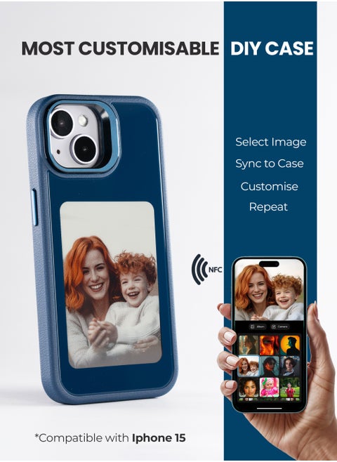 AI Vista iPhone 15 – Blue Smart Case with NFC, E-Ink Back Display, DIY Image