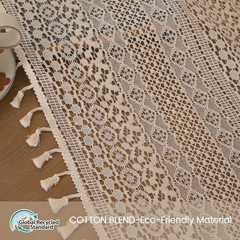 WAZZIO Beige Kitchen Window Curtains Over Sink Cotton Crochet Sheer Kitchen 36 Inches Rod Pocket Farmhouse Vintage Lace Cafe Curtain Valance for Small Window (Set of 2, W29 xL36) - Image 2
