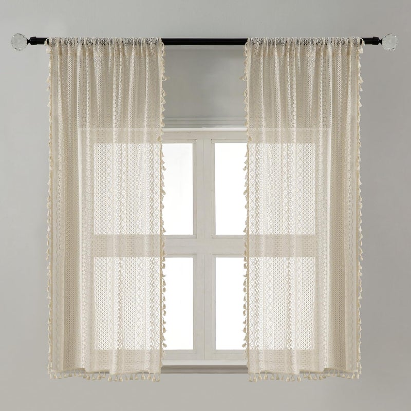 WAZZIO Beige Kitchen Window Curtains Over Sink Cotton Crochet Sheer Kitchen 36 Inches Rod Pocket Farmhouse Vintage Lace Cafe Curtain Valance for Small Window (Set of 2, W29 xL36) - Image 3