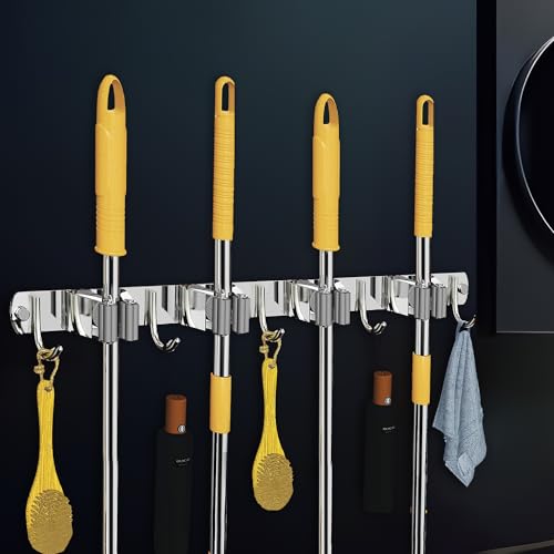 CANWAY® 1 Piece Stainless Steel 4 Racks with 5 Hooks Heavy Duty Wall Mounted Broom and Mop Stick Holder, Hanging Tools for Home Kitchen Garden Laundry Garage (Silver) - Image 1