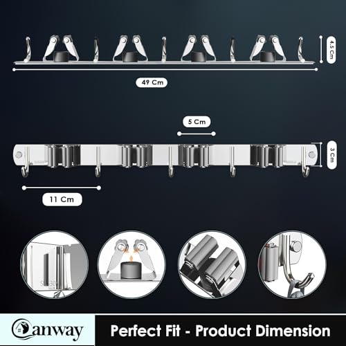 CANWAY® 1 Piece Stainless Steel 4 Racks with 5 Hooks Heavy Duty Wall Mounted Broom and Mop Stick Holder, Hanging Tools for Home Kitchen Garden Laundry Garage (Silver) - Image 2