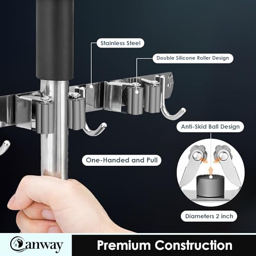 CANWAY® 1 Piece Stainless Steel 4 Racks with 5 Hooks Heavy Duty Wall Mounted Broom and Mop Stick Holder, Hanging Tools for Home Kitchen Garden Laundry Garage (Silver) - Image 3