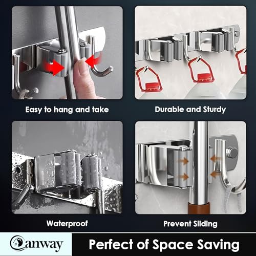 CANWAY® 1 Piece Stainless Steel 4 Racks with 5 Hooks Heavy Duty Wall Mounted Broom and Mop Stick Holder, Hanging Tools for Home Kitchen Garden Laundry Garage (Silver) - Image 5