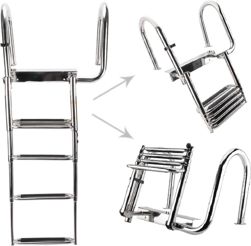 woobles 4 Step Removable Stainless Folding Pontoon Boat Ladder,Telescopic Folding Rear Entry Dock Ladder with Extra Wide Step To the Right - Image 1