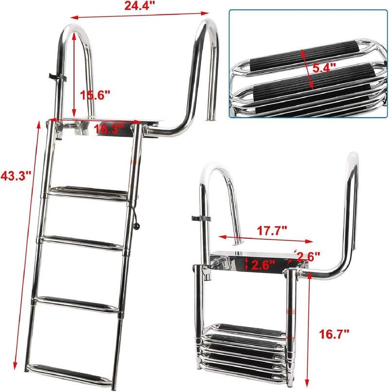 woobles 4 Step Removable Stainless Folding Pontoon Boat Ladder,Telescopic Folding Rear Entry Dock Ladder with Extra Wide Step To the Right - Image 2