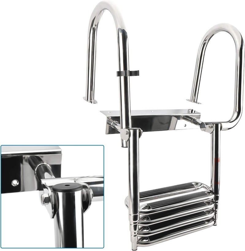 woobles 4 Step Removable Stainless Folding Pontoon Boat Ladder,Telescopic Folding Rear Entry Dock Ladder with Extra Wide Step To the Right - Image 3