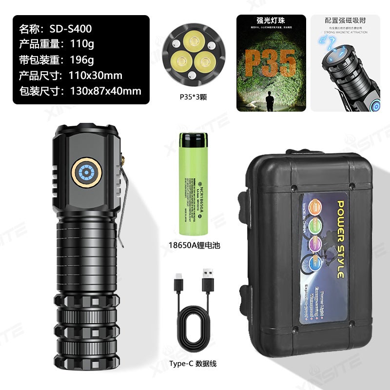 Cross-border new strong light long-range flashlight burst light mini portable small flashlight outdoor multi-function Clip lamp flashlight S400(18650A + data cable + Gift Box) S400(18650A + data cable + Gift Box)