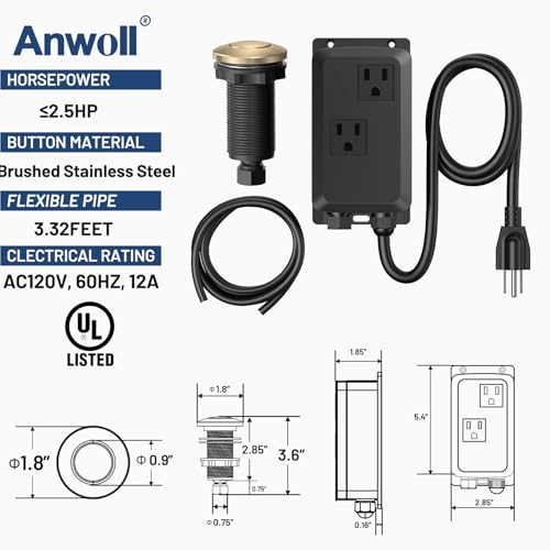 Anwoll Garbage Disposal Air Switch Kit -Professional, Dual Outlet Sink Top Waste Disposer On/Off, Air Switch Button, UL Listed, Long/3.6“, Champagne Bronze - Image 3