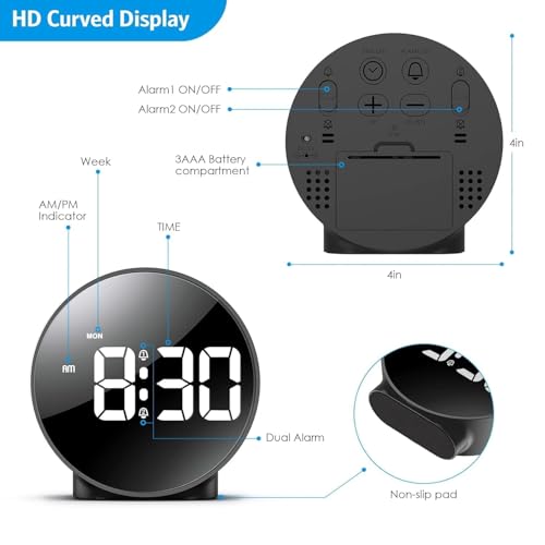 MORPICH LED Alarm Clock, [Newest Version] Digital Round Clock with Voice and Touch Activated, 2 Separate Alarm, Snooze, Week, 4 Adjustable Brightness, USB/Battery Powered, Desk Clocks (Black) - Image 4