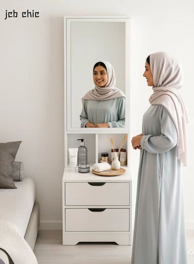 JCB CHIC White Makeup Vanity with Mirror and Storage, 2-Drawer Dressing Table with Jewelry Organizer, Modern Bedroom Furniture for Women, Compact Cosmetic Desk with Open Shelves - Image 1