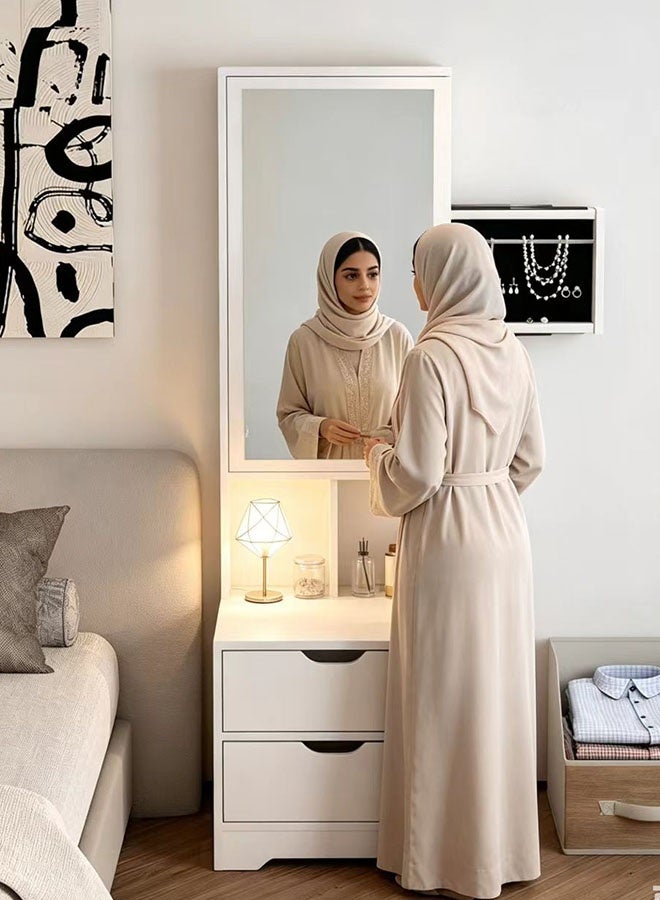 JCB CHIC White Makeup Vanity with Mirror and Storage, 2-Drawer Dressing Table with Jewelry Organizer, Modern Bedroom Furniture for Women, Compact Cosmetic Desk with Open Shelves - Image 4