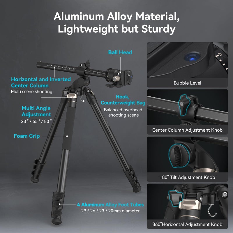 SmallRig CT200 72.8"/200cm Horizontal Overhead Tripod for Camera with Smartphone Holder & Carrying Bag, 33lb Max Load Aluminum Horizontal Camera Tripod for Overhead Shots - Image 4
