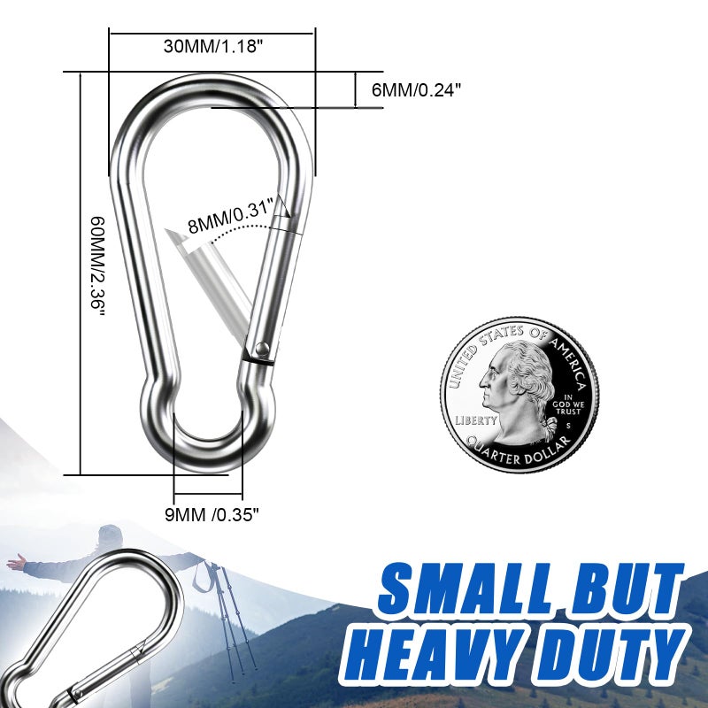 KINLINK Small Carabiner Clip Hooks, 10pcs 2.36 inch Carabiners Heavy Duty, 304 Stainless Steel Spring Snap Hook Fits Camping Hiking, Metal Clips for Rope Chain Keys Rings - Image 3
