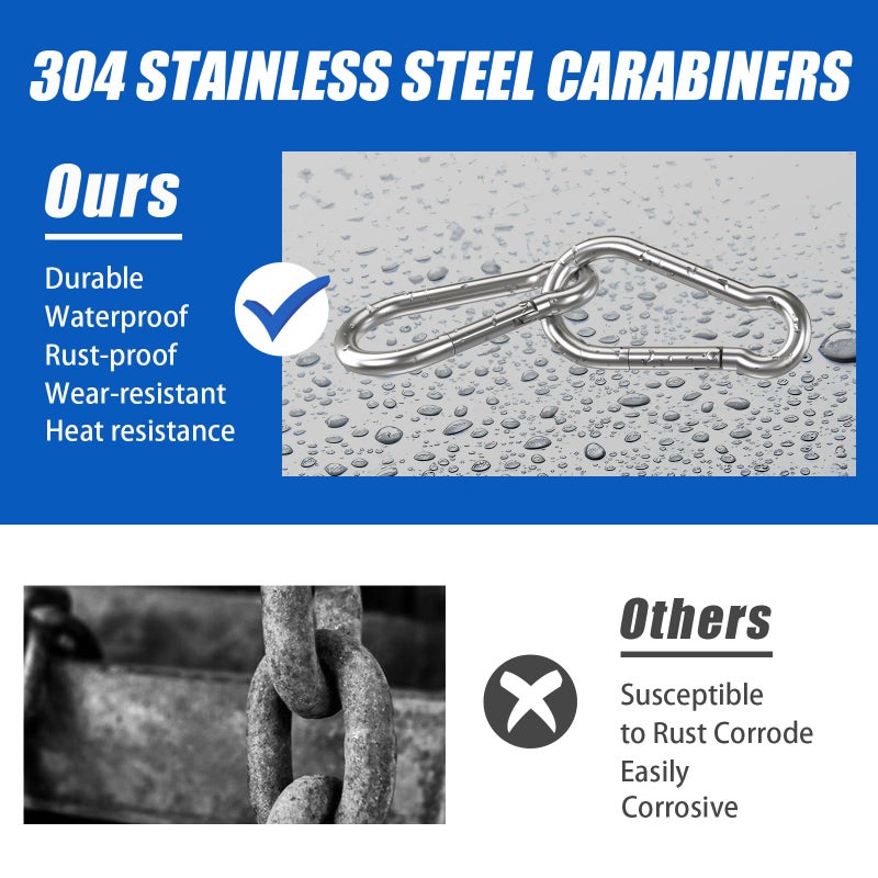KINLINK Small Carabiner Clip Hooks, 10pcs 2.36 inch Carabiners Heavy Duty, 304 Stainless Steel Spring Snap Hook Fits Camping Hiking, Metal Clips for Rope Chain Keys Rings - Image 2