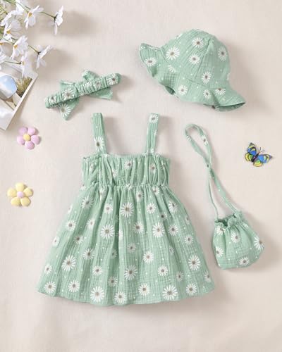 SODLON Baby Girl Summer Dress Causal 18 Month Infant Girl Clothes 12 18 Months Big Bow Green Daisy Flower Sundress Sleeveless Party Floral Baby Girls' Dresses with Headband - Image 4