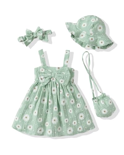 SODLON Baby Girl Summer Dress Causal 18 Month Infant Girl Clothes 12 18 Months Big Bow Green Daisy Flower Sundress Sleeveless Party Floral Baby Girls' Dresses with Headband - Image 1