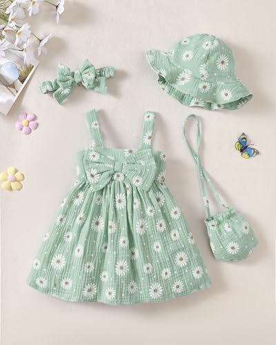 SODLON Baby Girl Summer Dress Causal 18 Month Infant Girl Clothes 12 18 Months Big Bow Green Daisy Flower Sundress Sleeveless Party Floral Baby Girls' Dresses with Headband - Image 3