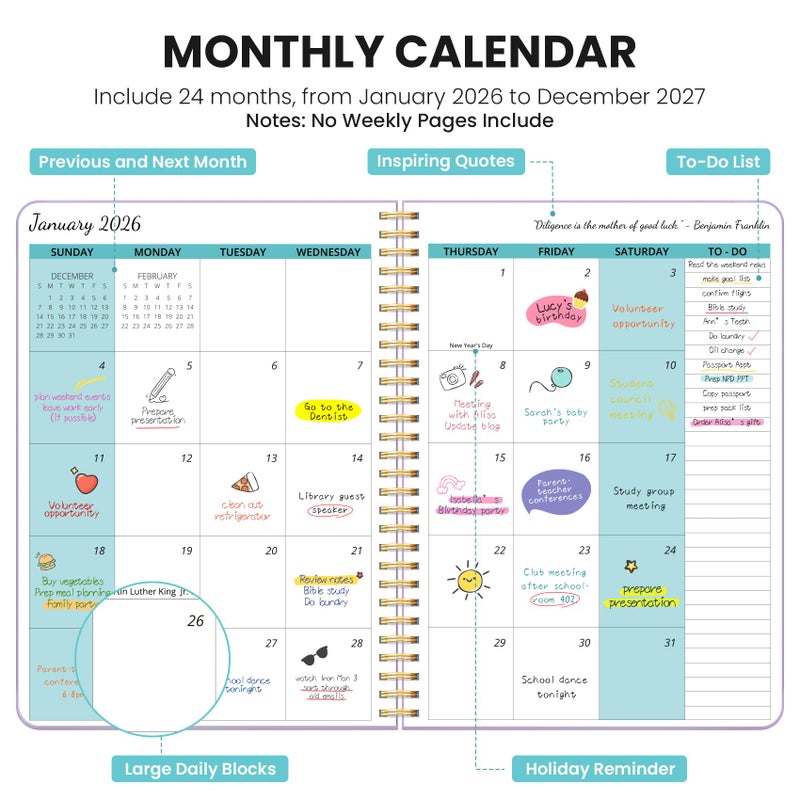 Taja Monthly Planner 2026-2027, 2 Year Months Calendar Planner 2026-2027, Runs from January 2026 - Decembe 2027, 7" x 10", 24 Months, Perfect for School Office Home Planning - Lilac Purple - Image 2
