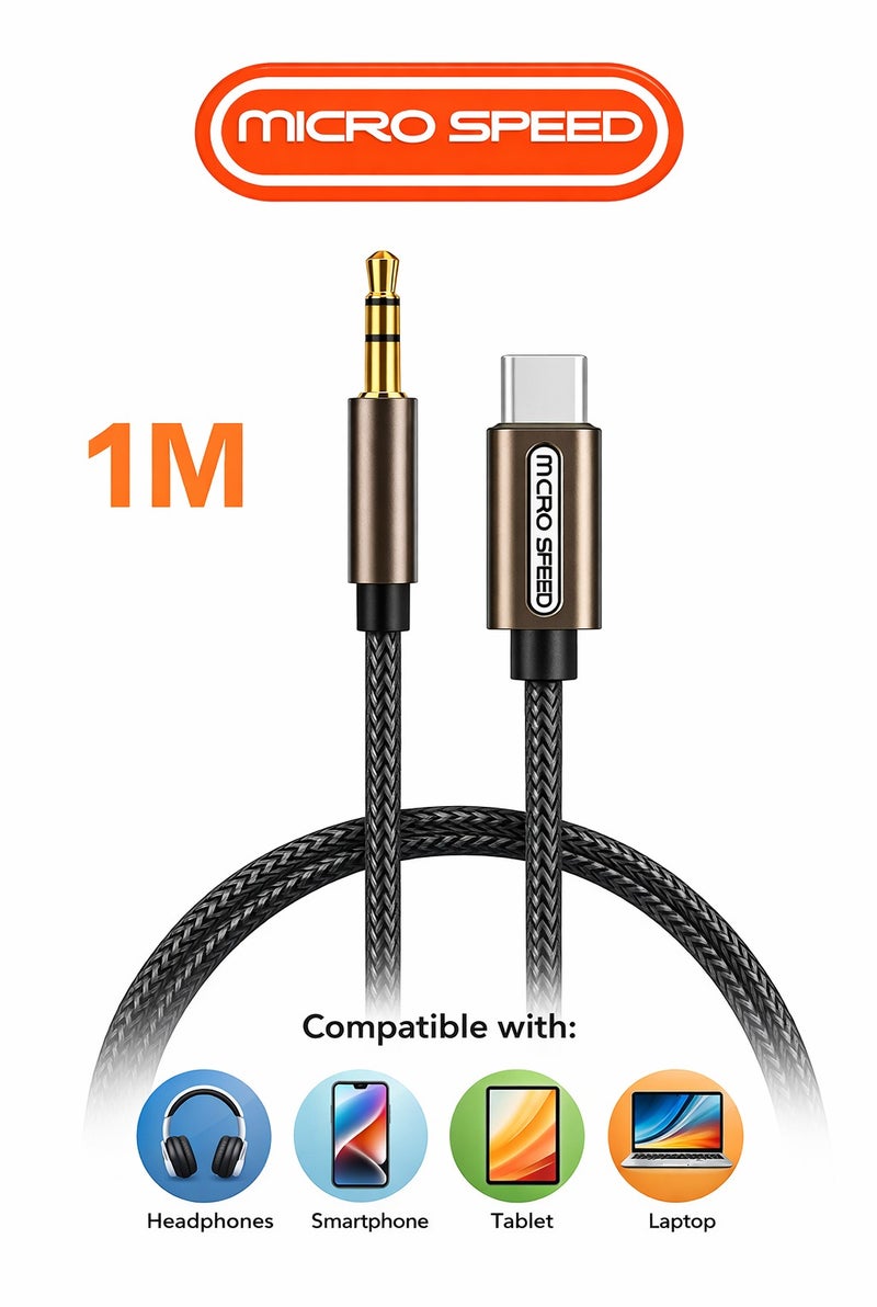 micro speed Type-C to 3.5mm AUX Audio Cable 1M – Premium Braided HiFi Sound Cord – Compatible with Android Phones, Car Stereo & Headphones - Image 1