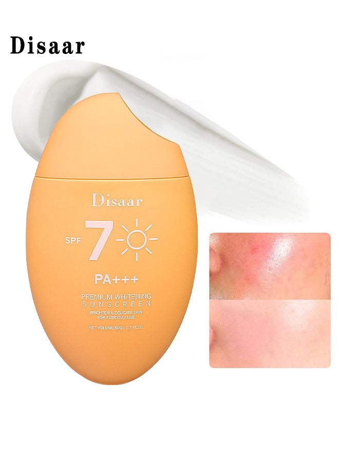 ديسار فيتامين سي تبييض واقي من الشمس SPF 70 PA مرطب تجديد حماية البشرة UVA / UVB طويل الأمد مقاوم للماء والعرق 8 ساعات ، واقي حماية من الشمس ، ترطيب وتفتيح واقي من الشمس يحمي البشرة ، 50 جرام - Image 1