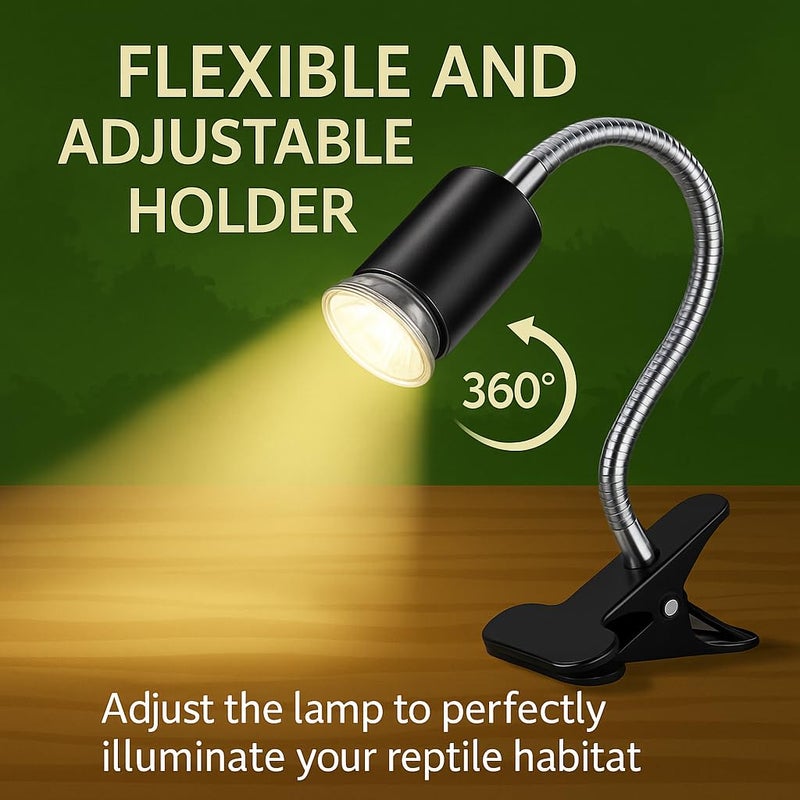 VAYINATO PetzLifeworld 50W Black Reptile Heat Lamp Turtle Lights with Clip, UVA UVB Bulbs Aquarium Basking Lamp Adjustable Holder and Intensity Suitable for Birds During Winter and Reptiles - Image 3