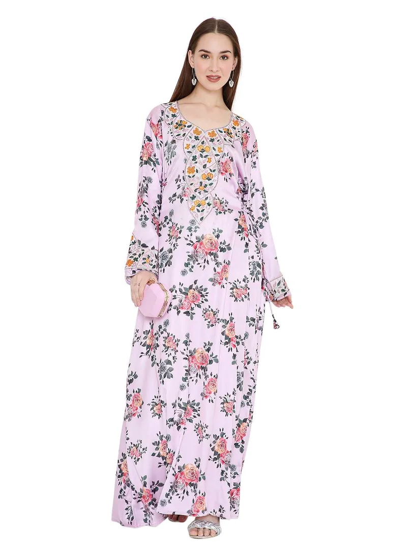 HANA & SARA VIBRANT COLOUR HAND BEADED FARASHA KAFTAN UNIQUE FLORAL PRINTED ARABIC KAFTAN JALABIYA DRESS