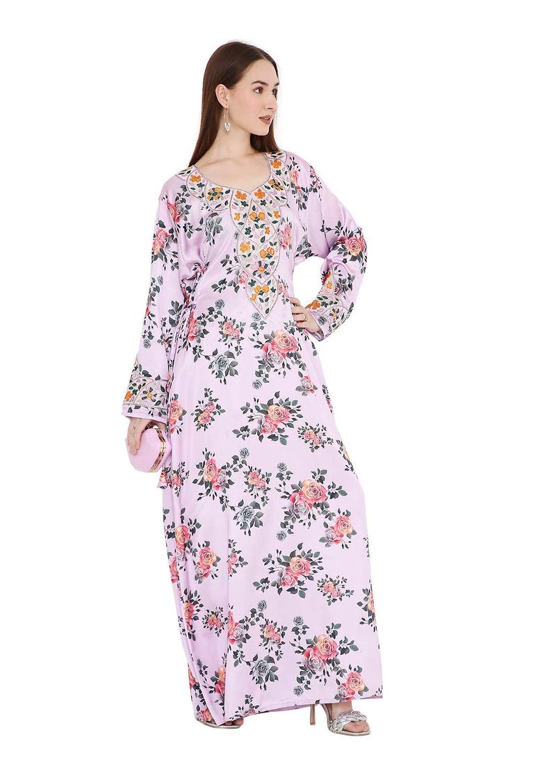 HANA & SARA VIBRANT COLOUR HAND BEADED FARASHA KAFTAN UNIQUE FLORAL PRINTED ARABIC KAFTAN JALABIYA DRESS  - Image 1
