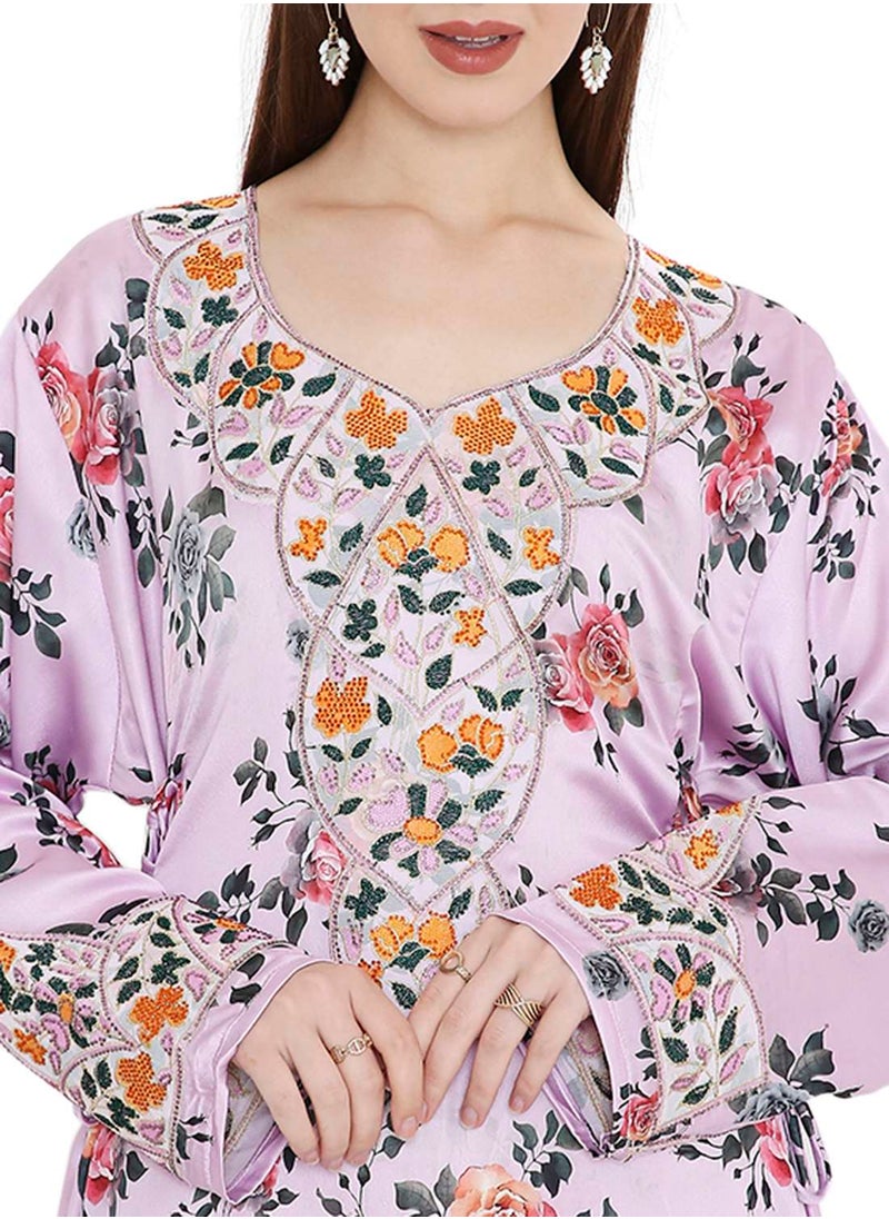 HANA & SARA VIBRANT COLOUR HAND BEADED FARASHA KAFTAN UNIQUE FLORAL PRINTED ARABIC KAFTAN JALABIYA DRESS  - Image 3