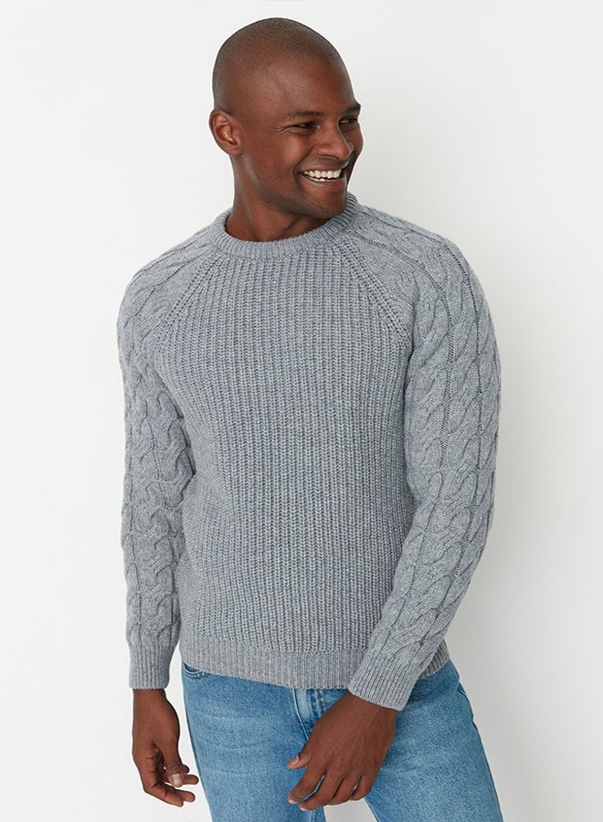 trendyol Gray Regular Fit Crew Neck Hair Braid Detailed Knitwear Sweater TMNAW22KZ2059 - Image 5