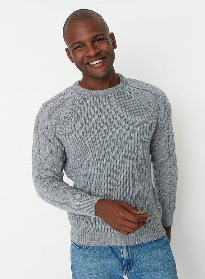 trendyol Gray Regular Fit Crew Neck Hair Braid Detailed Knitwear Sweater TMNAW22KZ2059 - Image 4