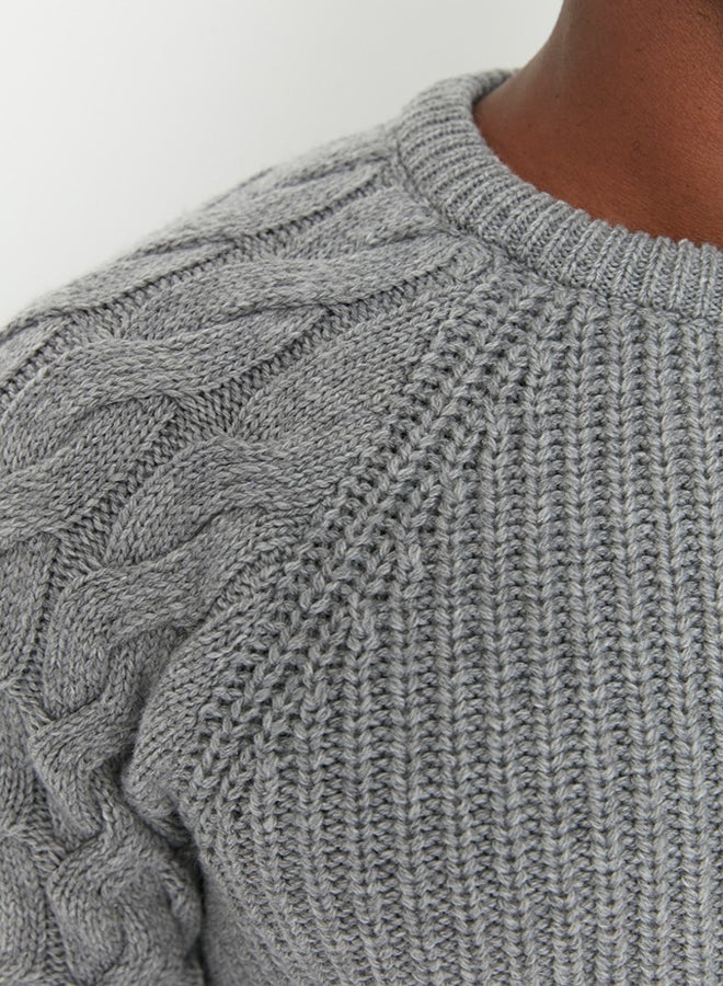 trendyol Gray Regular Fit Crew Neck Hair Braid Detailed Knitwear Sweater TMNAW22KZ2059 - Image 2