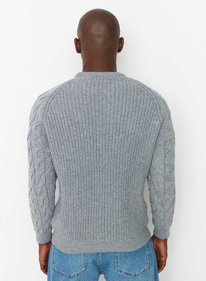 trendyol Gray Regular Fit Crew Neck Hair Braid Detailed Knitwear Sweater TMNAW22KZ2059 - Image 3