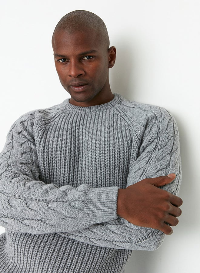 trendyol Gray Regular Fit Crew Neck Hair Braid Detailed Knitwear Sweater TMNAW22KZ2059 - Image 1