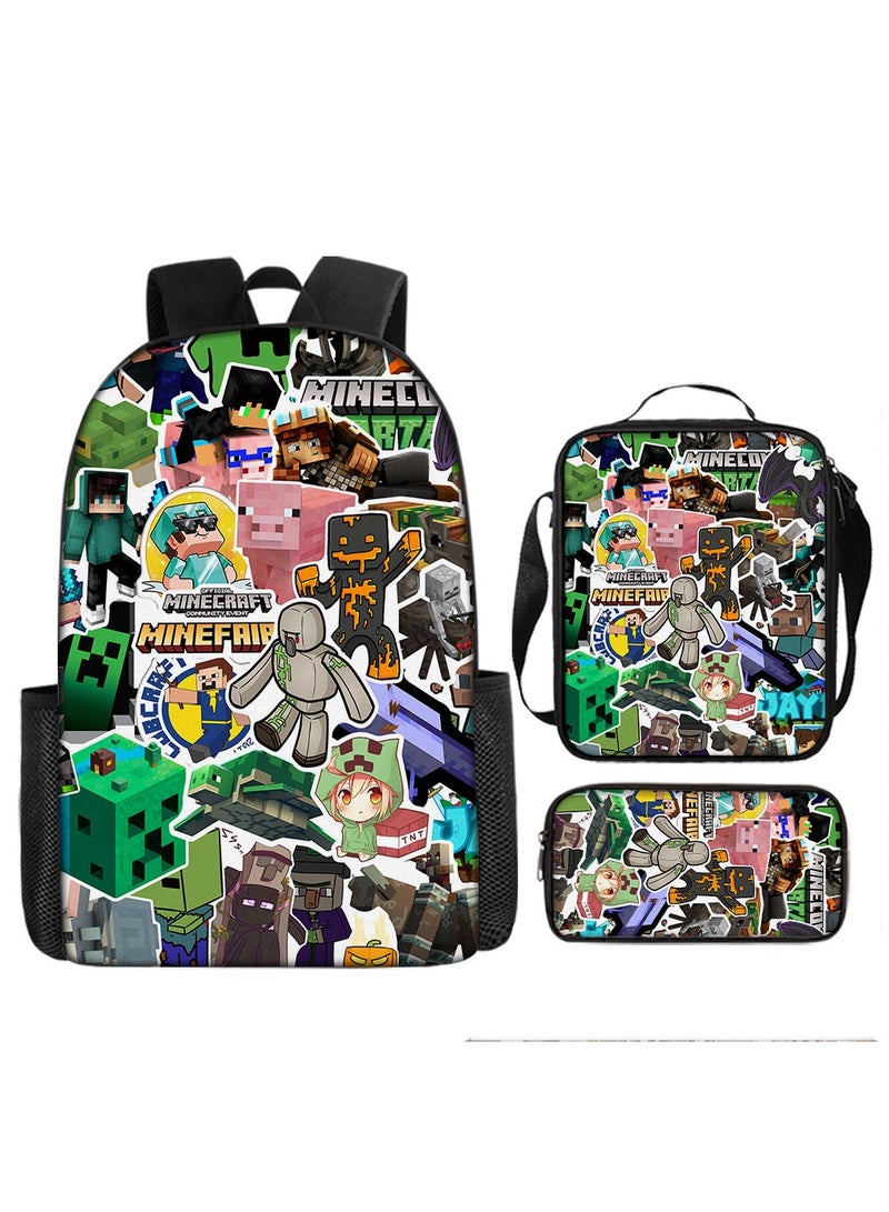 ماين كرافت حقيبة ظهر ذات سعة كبيرة مطبوعة بالرسوم المتحركة، وحقيبة غداء مكونة من ثلاث قطع، وحقيبة أقلام، وحقيبة ظهر مريحة من البوليستر ومخففة للحمل للطلاب والأطفال، ومناسبة لكل من الرجال والنساء - Image 1