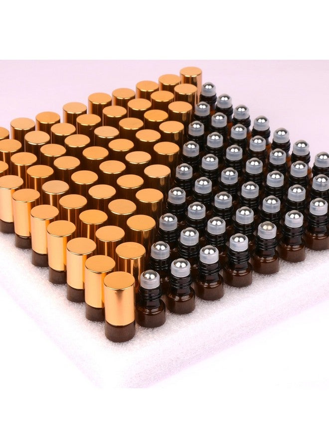 MAXMAU Pack Of 100,5Ml Amber Glass Roller Bottles For Essential Oils Refillable Roll On Bottle With Stainless Steel Roller Balls Golden Cap For Home Travel Aromatherapy - Image 1
