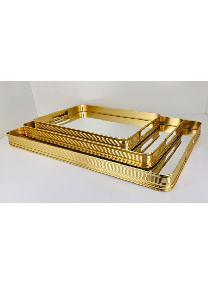 رادین طقم صواني تقديم زجاجية بمرايا 3 قطع | صواني مستطيلة بجسم معدني فاخر | صينية تقديم للشاي والقهوة والوجبات الخفيفة للمنزل والمجالس والحفلات والفنادق | تصميم متداخل | متينة وسهلة التنظيف