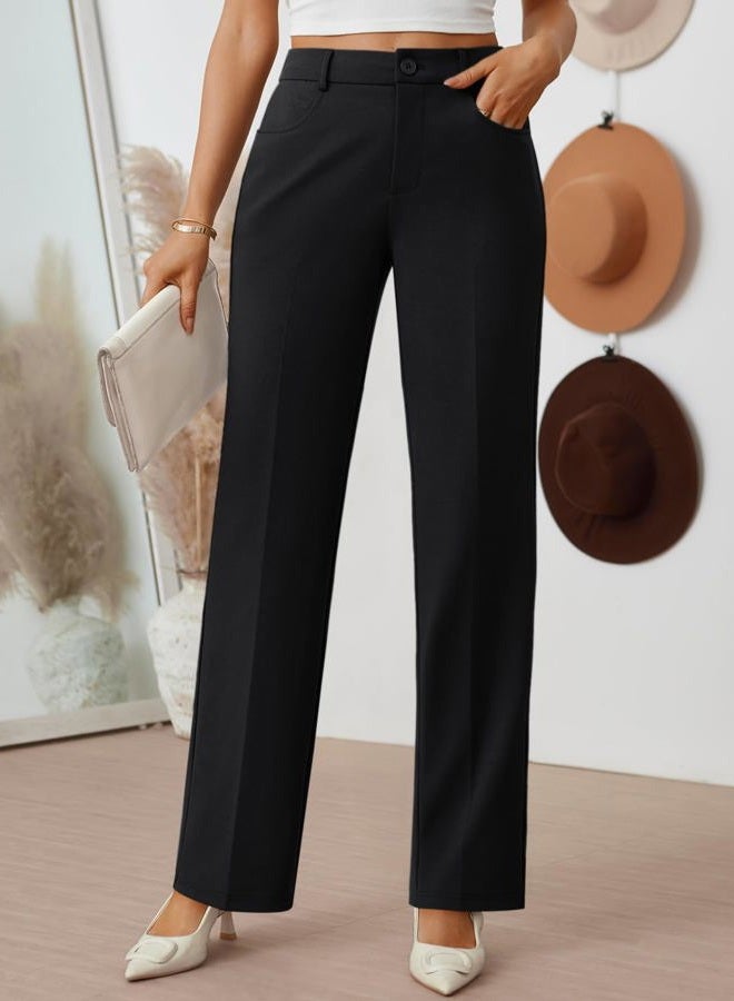 LILLUSORY Women Straight Leg Dress Pants High Waisted Business Casual Work Trousers with Pockets, Black, 8 - Image 2