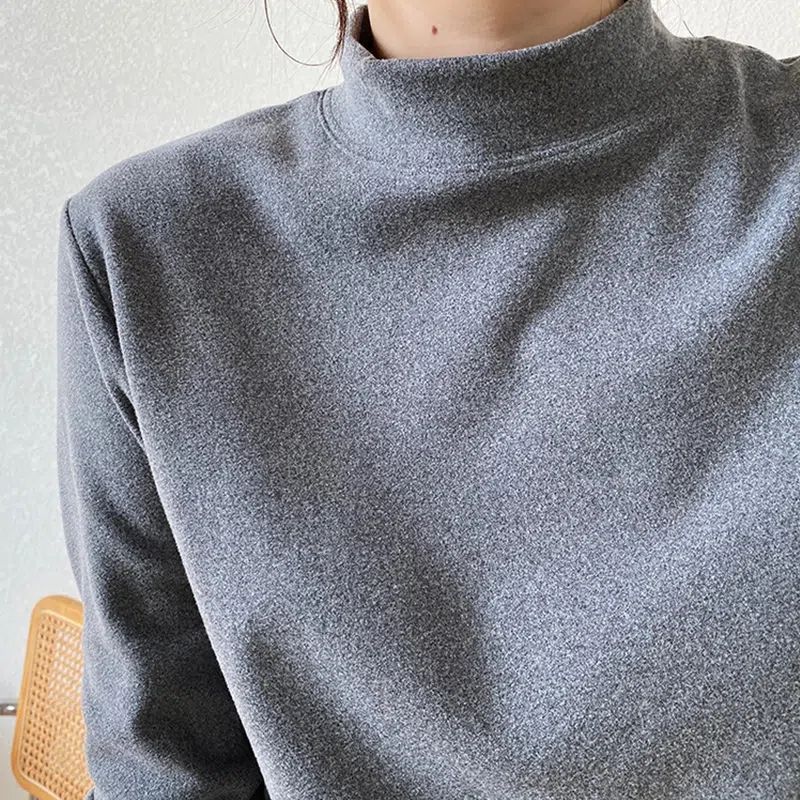 Super Warm Double-Sided Velvet Thickened Base Shirt Women'S Western Style Half-High Neck Brushed White Long-Sleeved T-Shirt - Image 2
