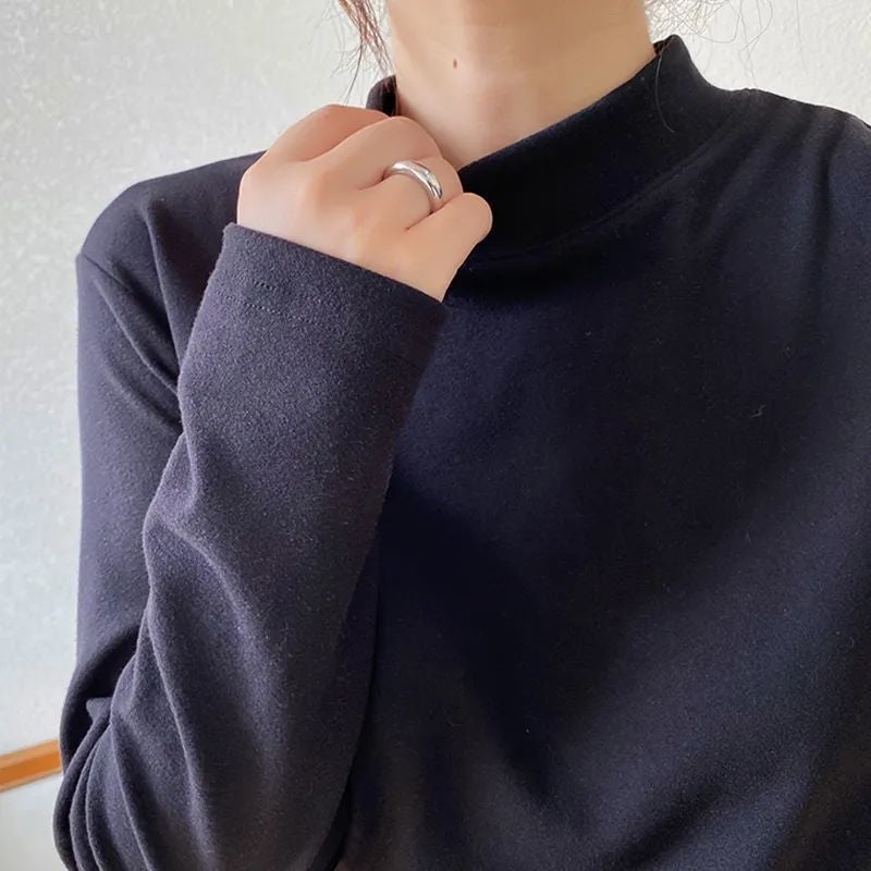 Super Warm Double-Sided Velvet Thickened Base Shirt Women'S Western Style Half-High Neck Brushed White Long-Sleeved T-Shirt - Image 1