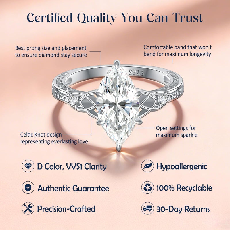 LOIPURI 4CT Moissanite Engagement Rings for Women, Perfect for Romantic Proposal, Marquise Cut D Color VVS1 Lab Grown Moissanite, Celtic Knot Sterling Silver White Gold Plated, Christmas Gift Size 7 - Image 4