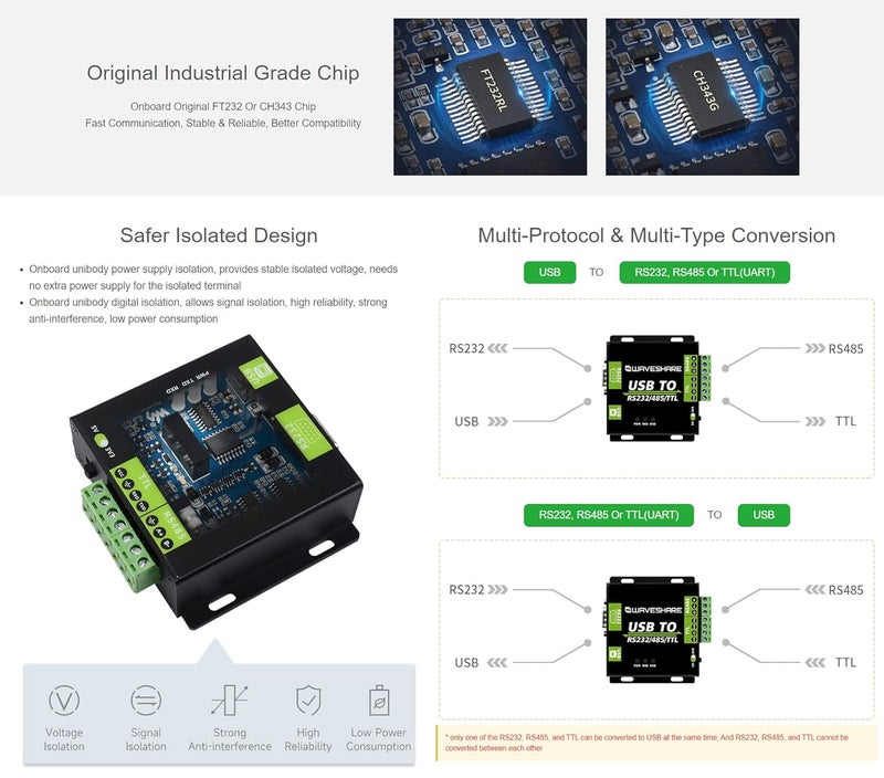 Waveshare USB to RS232 / RS485 / TTL Industrial Isolated Converter with Original FT232RL Embedded Protection Circuits and Aluminium Alloy Enclosure for Industrial Control Equipments - Image 5