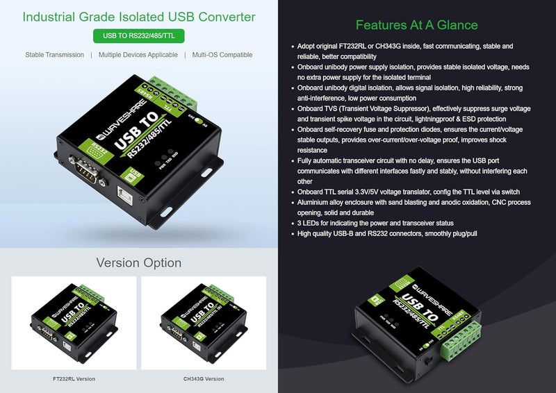 Waveshare USB to RS232 / RS485 / TTL Industrial Isolated Converter with Original FT232RL Embedded Protection Circuits and Aluminium Alloy Enclosure for Industrial Control Equipments - Image 3