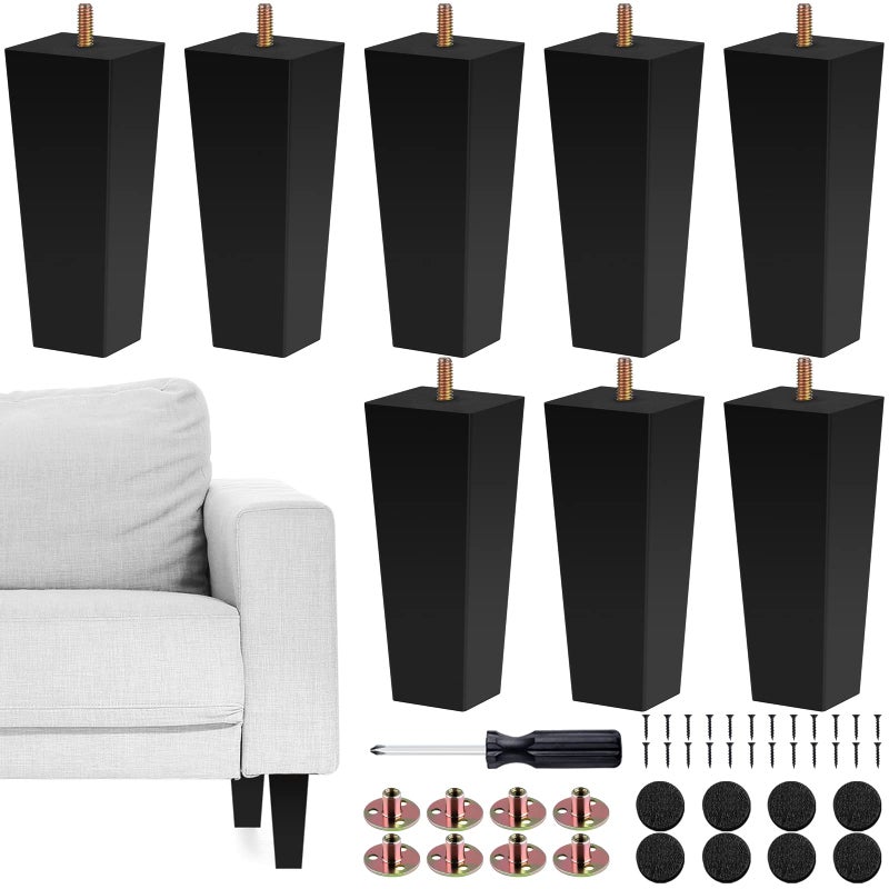 Turstin Set Of 8 Furniture Legs 6 Inch Square Solid Wood Couch Legs Replacement Sofa Legs Mid Century Furniture Feet For Armchair Bed Dresser Cabinet Include Installation Hardware Black - Image 1