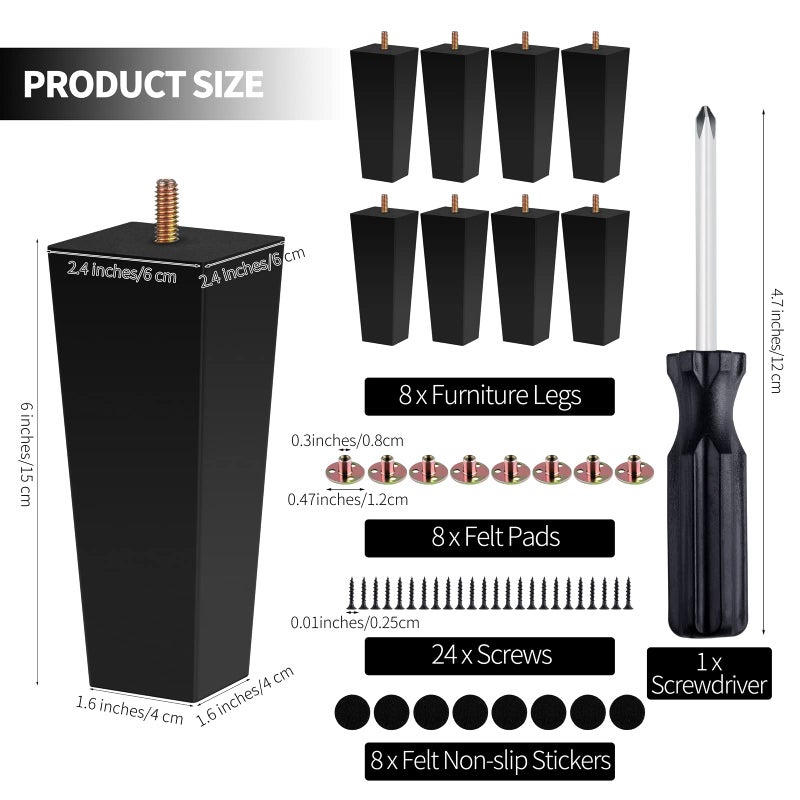 Turstin Set Of 8 Furniture Legs 6 Inch Square Solid Wood Couch Legs Replacement Sofa Legs Mid Century Furniture Feet For Armchair Bed Dresser Cabinet Include Installation Hardware Black - Image 2