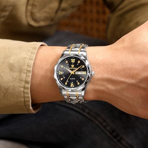 LONGBO Zenith Diamond Analog Watch for Men Business Stainless Steel Watches Luxury Men’s Wristwatch | Birthday Gift for Men | Gift for Husband | Gift for Brother (Silver-Gold-Black) - Image 3