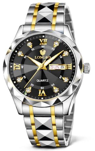 LONGBO Zenith Diamond Analog Watch for Men Business Stainless Steel Watches Luxury Men’s Wristwatch | Birthday Gift for Men | Gift for Husband | Gift for Brother (Silver-Gold-Black) - Image 1