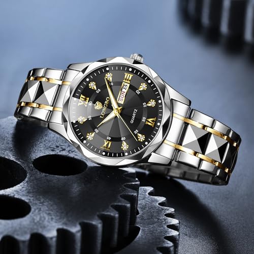 LONGBO Zenith Diamond Analog Watch for Men Business Stainless Steel Watches Luxury Men’s Wristwatch | Birthday Gift for Men | Gift for Husband | Gift for Brother (Silver-Gold-Black) - Image 2