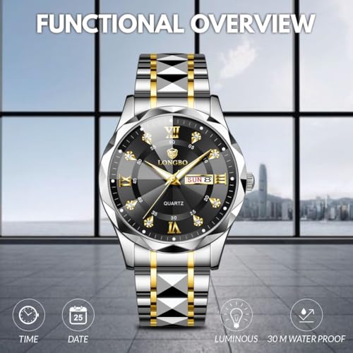 LONGBO Zenith Diamond Analog Watch for Men Business Stainless Steel Watches Luxury Men’s Wristwatch | Birthday Gift for Men | Gift for Husband | Gift for Brother (Silver-Gold-Black) - Image 4